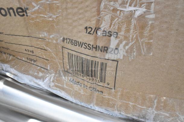 Cardboard box labeled "12/Case" with barcode and model #176BWSSHNR20, showing scratch and dent condition.