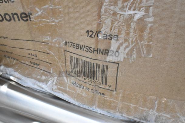 Box of scratch and dent items labeled #176BWSSHNR20, including trays, organizer, platters, schooner, 12 per case. Made in China.