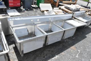 BRAND NEW Regency 600S3242424R stainless steel 3-bay sink with right side drain board, no legs, scratch and dent condition.