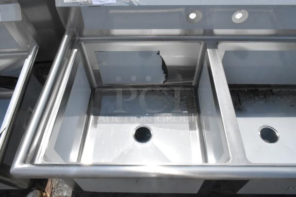 BRAND NEW Regency 600S3242424R stainless steel 3 bay sink, right side drain board, no legs, slight dent visible.