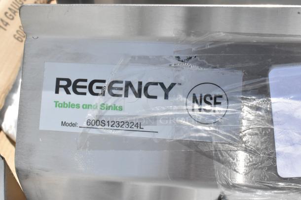 BRAND NEW Regency 600S1232324L stainless steel single bay sink, left side drain board, scratch and dent, no legs, NSF certified.