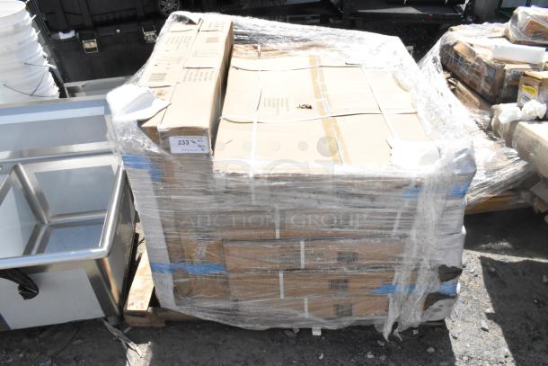 8 sealed boxes of Flash Furniture CH-51090BH-2-30CAFE-SIL-GG bar height tables with stools on a pallet, wrapped in plastic.