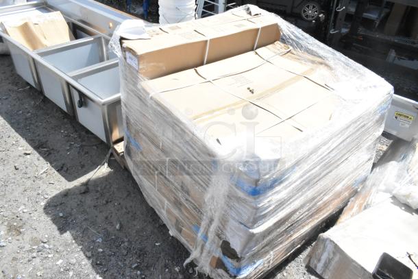 8 new Flash Furniture CH-51090BH-2-30CAFE-SIL-GG sets, including 30" round silver metal table and 2 stools, wrapped on a pallet.