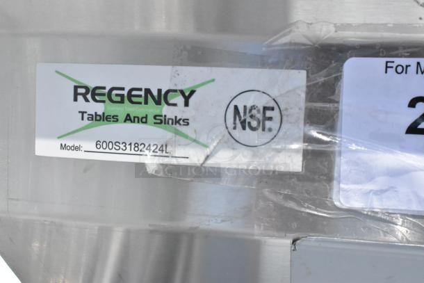 "Regency 600S3182424L stainless steel 3 bay sink with left drain board. Brand new, scratch and dent condition, NSF certified."