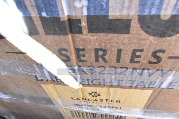 Box showing Lancaster Bar Height Table, Series BA3232NVY, new with minor scratches.