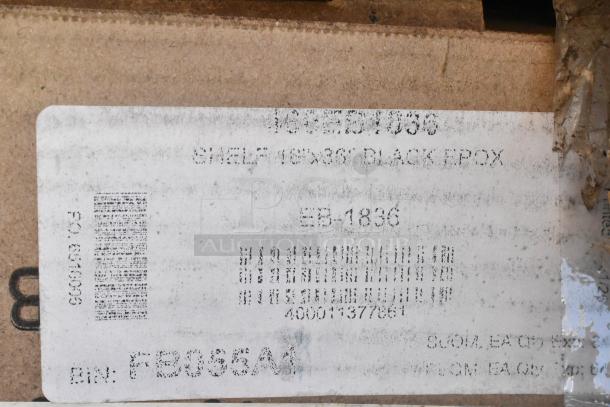 Label on box with details: "Shelf 18x36 Black Epoxy, EB-1836, BIN: FB053A." Marks for storage and item identification.