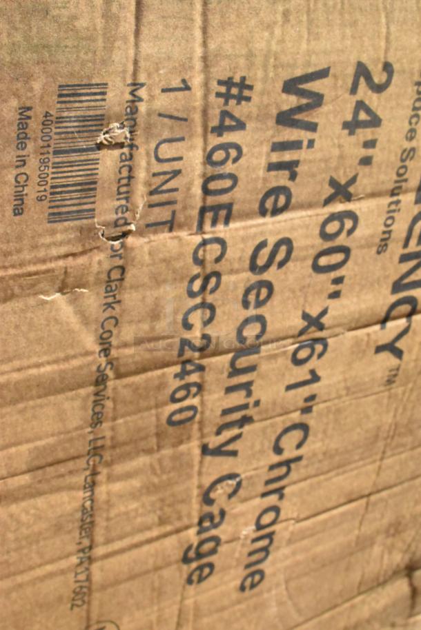 Cardboard box with label for a 24"x60"x61" chrome wire security cage, model #460ECS2460, manufactured in China.