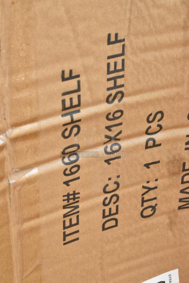 Cardboard box with black text indicating Item# 1660, 16x16 shelf, quantity 1 piece. Scratch and dent condition.