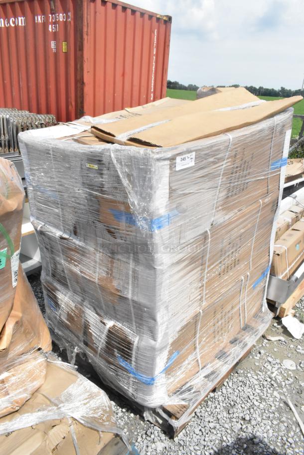 Shrink-wrapped pallet with 6 new Flash Furniture bar height tables, 4 cafe stools each, labeled for auction.