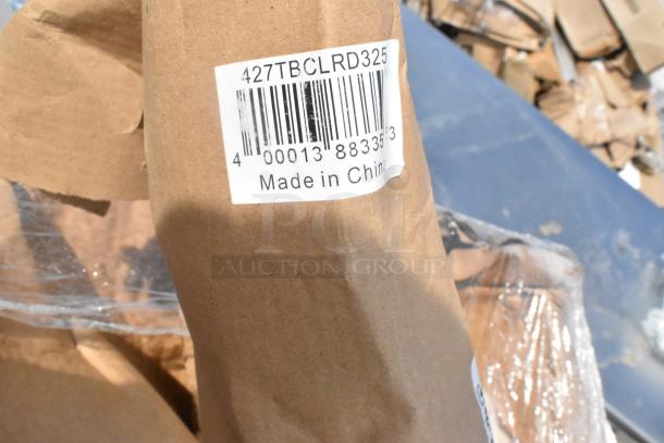 Labels on packaging of stainless table and base columns, marked 427TBCLRD325, Made in China. Scratch and dent condition.