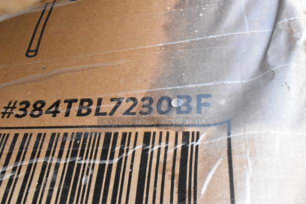 Cardboard box labeled #384TBL7230BF, indicating contents may include folding table or similar items.