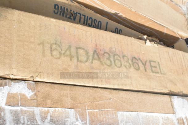 Cardboard box with visible code "164DA3636YEL," containing new scratch and dent items like a folding table and fan.