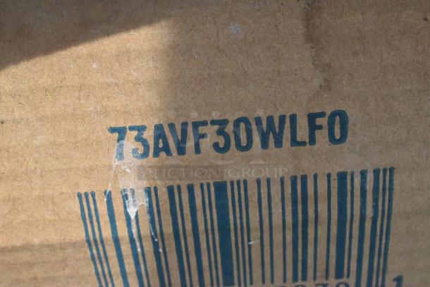 Alt text: Cardboard box with printed code "73AVF30WLFO" above a barcode.