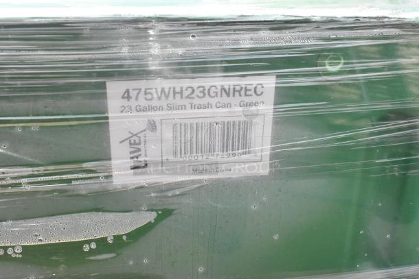 10 brand new Lavex 475WH23GNREC 23-gallon green wastecans, 20"x11"x29.5", scratch and dent condition. "Made in China" label.