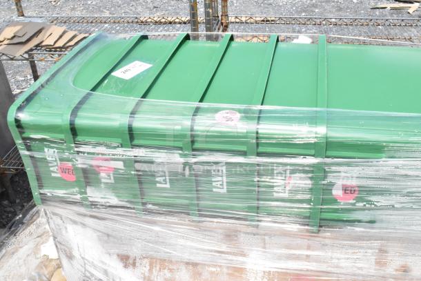 10 brand new Lavex 475WH23GNREC wastecans, 23 gal, 20"x11"x29.5", in green, wrapped in plastic, scratch and dent condition.