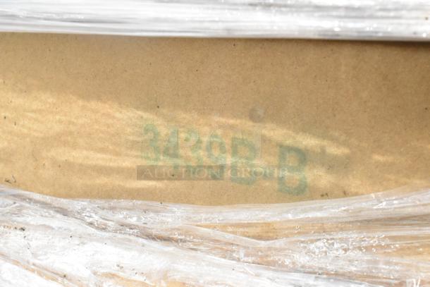 Pallet wrapped with 10 new Lavex wastecans, scratch and dent, 23 gal, 20"x11"x29.5", label shows "3439B-B".
