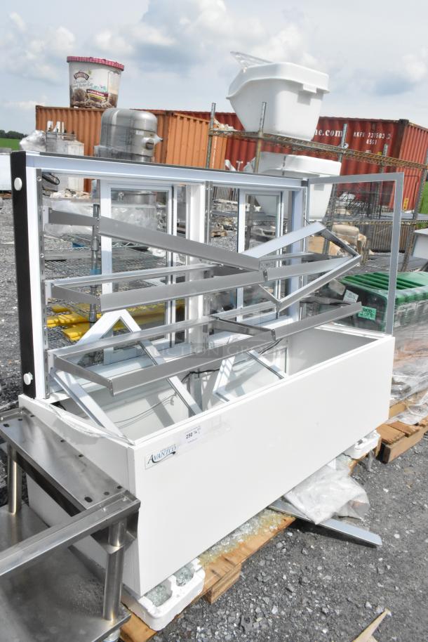 Avantco 193BCFD72W white bakery display case, 70 7/8", LED lighting, visible broken glass, 120V, 1 phase, new with defects.