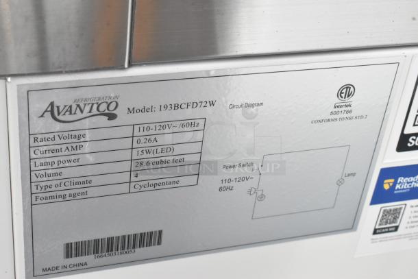 Alt Text: Avantco display case label showing model 193BCFD72W details like voltage, lamp power, and foaming agent.