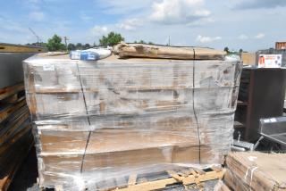 Pallet with 4 new scratch and dent items including a stainless table, Dormont gas hose, and outdoor table, shrink-wrapped.