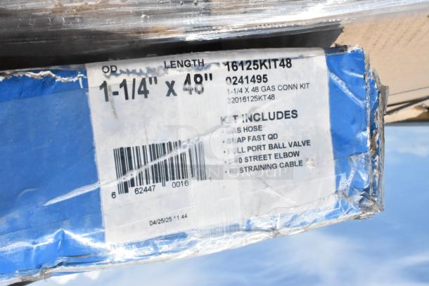 Gas connection kit label with 1-1/4" x 48" size, includes hose, snap fast QD, ball valve, elbow, restraining cable.