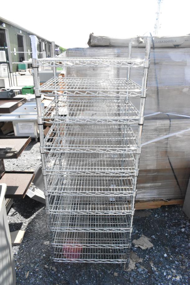 Chrome finish 10-tier wire shelving unit in used condition. Buyer must dismantle; freight charges apply.
