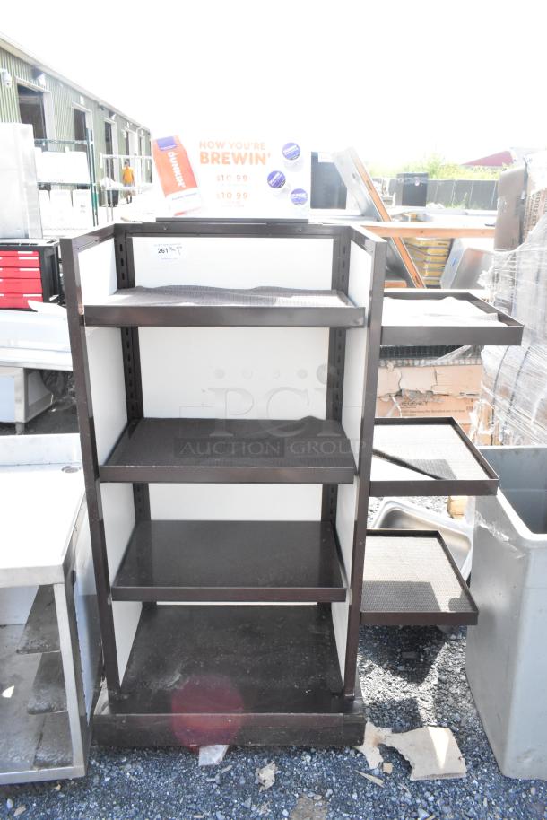 Brown Metal Shelving Unit with multiple adjustable shelves, light wear, visible indoor/outdoor capability. Auction tag present.