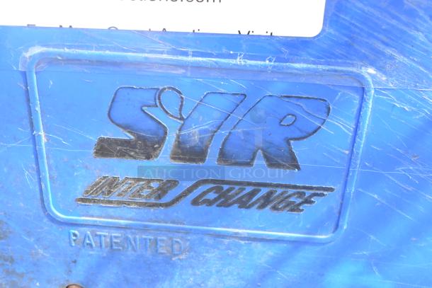 Blue poly mop bucket on casters; features "SYR Inter Change" logo and "Patented" marking; in used condition.