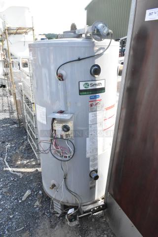 AO Smith BTR-120118 metal natural gas water heater, 120,000 BTU, features wiring and control panel. Appears used.