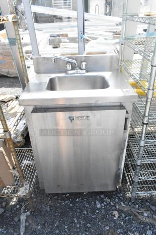 CustomCool stainless steel single bay sink with faucet, handles, and storage cabinet. Appears in good condition.