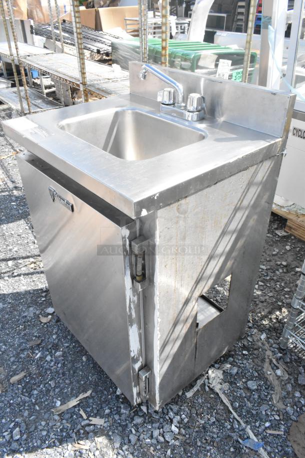 CustomCool stainless steel commercial single bay sink with faucet and handles. Shows visible wear and minor rust.