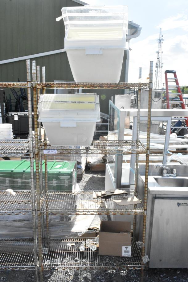 Chrome finish 4-tier wire shelving unit with poly ingredient bins. Buyer must dismantle; shipping not provided.