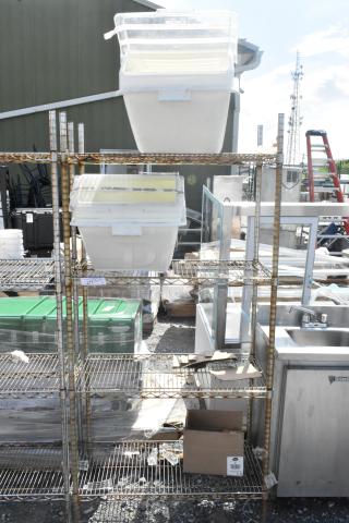 Chrome finish 4-tier wire shelving unit with poly ingredient bins. Buyer must dismantle; shipping not provided.