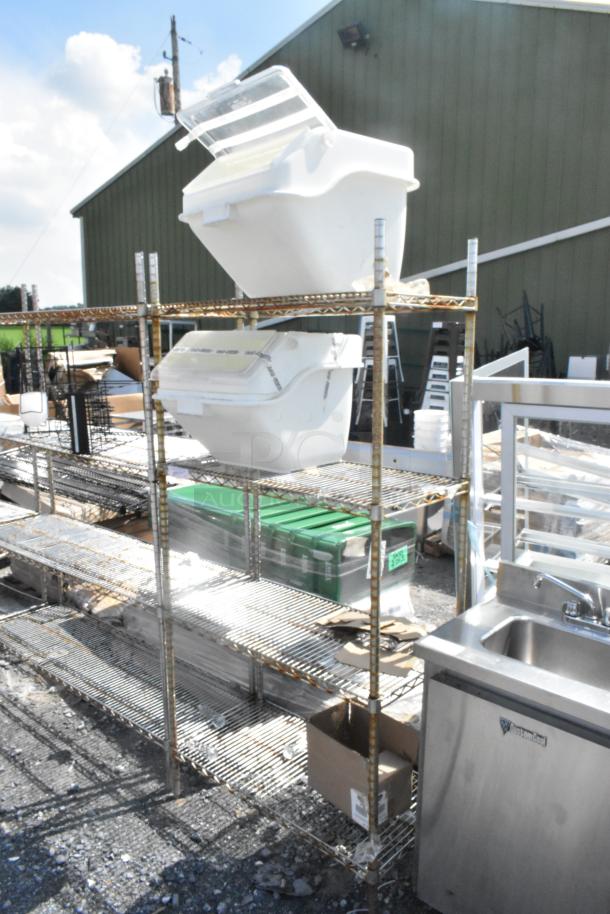 Chrome finish 4-tier wire shelving unit with poly ingredient bins. Buyer must dismantle. Consider freight charges.