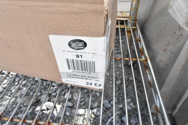 Chrome finish 4-tier wire shelving unit with contents including poly ingredient bins. Buyer must dismantle. Visible label states "TableCraft," "81," "2 oz Metro S&P Shakers."