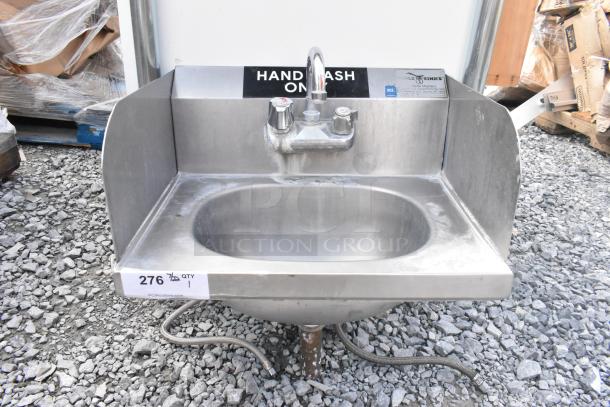 Stainless steel single bay wall mount sink with side splash guards, faucet, handles, and "Hand Wash Only" label.