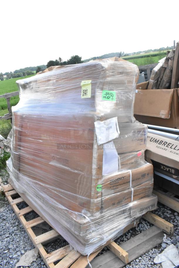 Skid with shrink-wrapped boxes containing brand-new scratch and dent items like stainless tables, sneeze guard, chair seats.