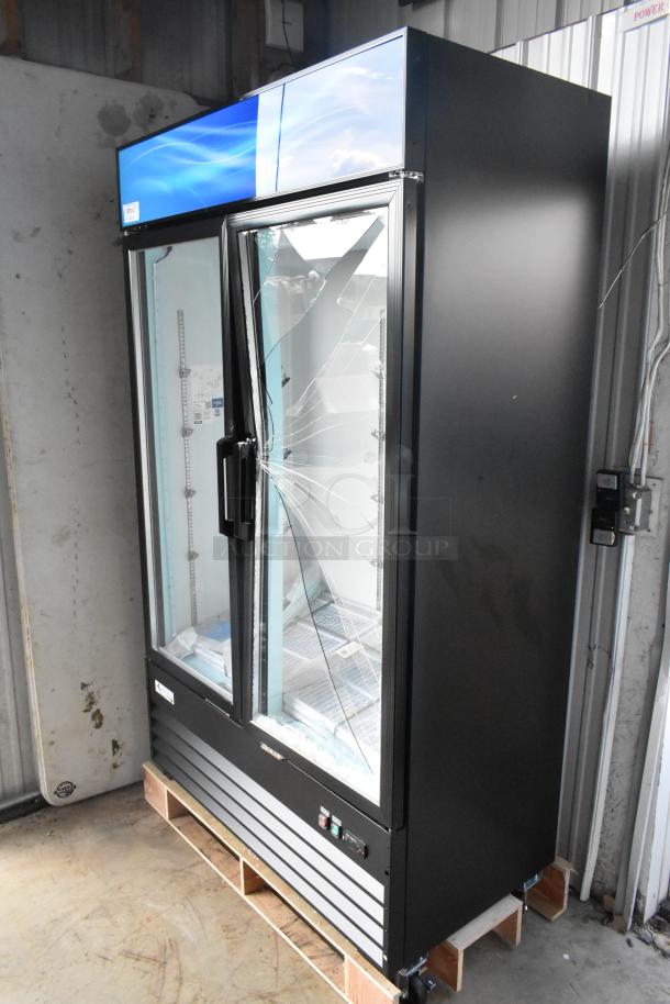 Avantco 178GDC40HCB 48" black glass door merchandiser refrigerator. New, with scratch and dent, LED lighting, 115V.