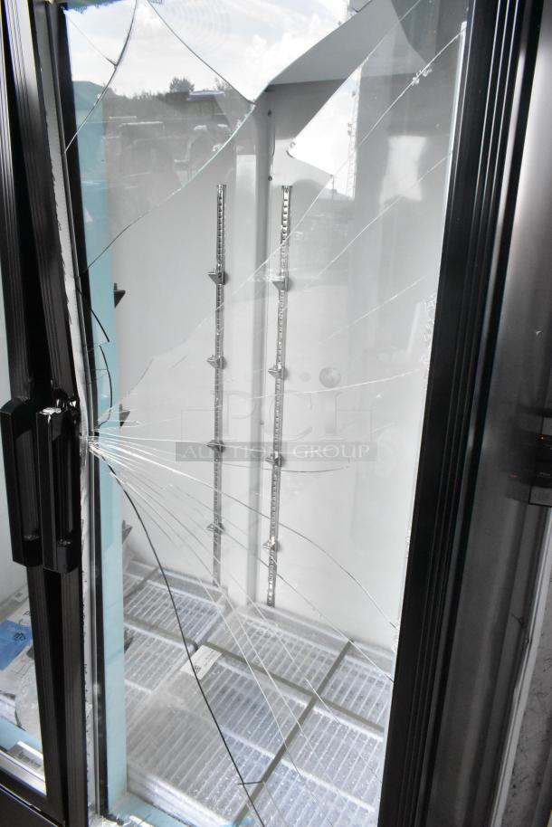 Avantco 178GDC40HCB 48" merchandiser refrigerator with swing glass door, visible glass damage, LED lighting, 115V, 1 Phase.