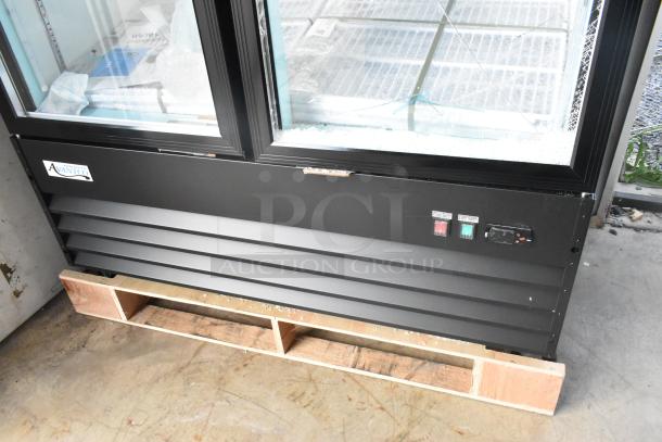 Brand new Avantco 178GDC40HCB 48" black swing glass door merchandiser fridge, LED lighting, 115V, minor scratches.