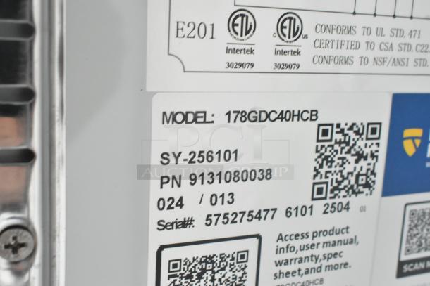 Label showing Avantco model 178GDC40HCB, serial number 575275477, with certifications and QR codes for product info.