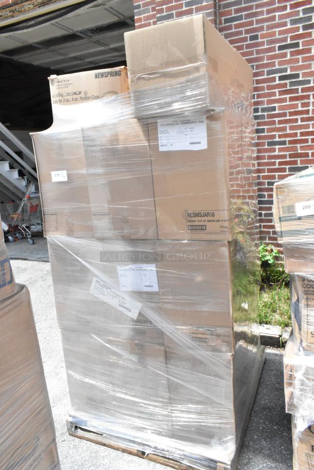 Pallet of 31 brand new scratch and dent items, including boxes labeled "Mason Jar 16 oz" and plastic lids, wrapped in plastic.
