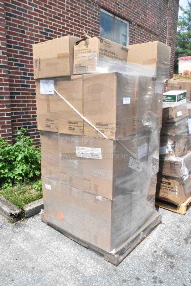 Pallet of 31 brand new scratch and dent items, includes boxed Mason-like jars and plastic lids. Boxes labeled with various specifications.