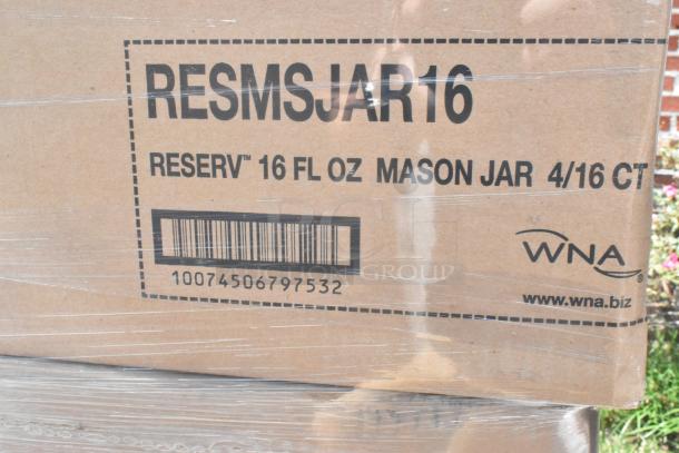 Box labeled "RESMSJAR16," contains new 16 oz Reserv mason jars, 31 count. Brand: WNA. Packaging intact, includes barcode.