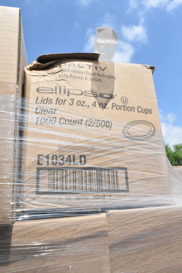 Cardboard box labeled "ellipso lids for 3 oz., 4 oz. portion cups, 1000 count." Box appears slightly dented, wrapped in plastic.