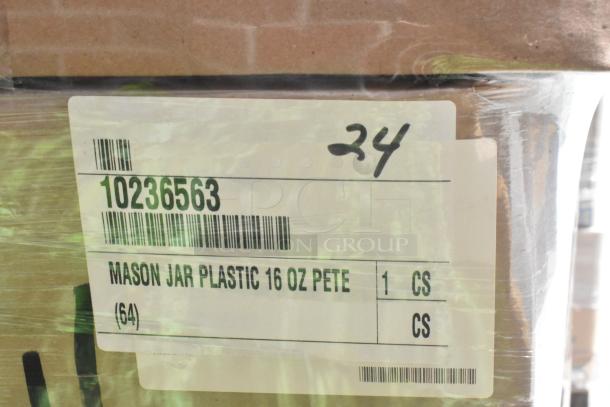Cardboard box with label marked "Mason Jar Plastic 16 oz PETE, 1 CS." Visible barcode and handwritten number "24."
