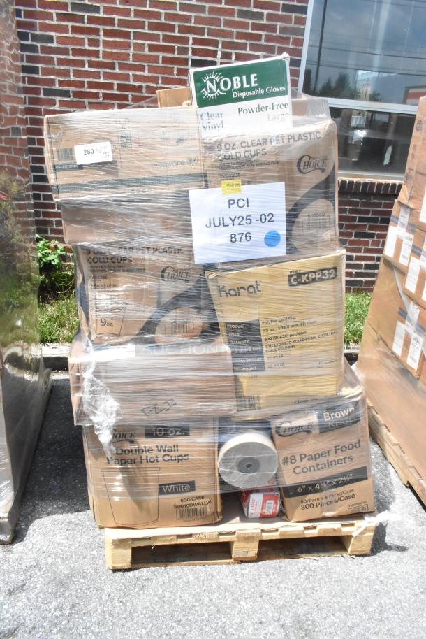Pallet of new, scratch and dent items: clear PET cups, paper hot cups, food containers. Includes Noble vinyl gloves.