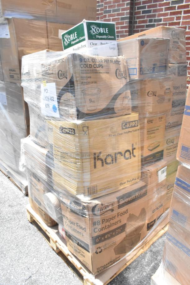 Plastic-wrapped pallet of 29 new scratch and dent items, including Karat and Choice branded to-go containers and plastic cups.