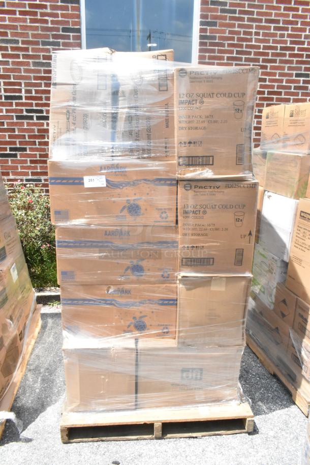 Pallet of 28 new scratch and dent items with to-go containers and straws, brands include Pactiv and Aardvark, wrapped in plastic.