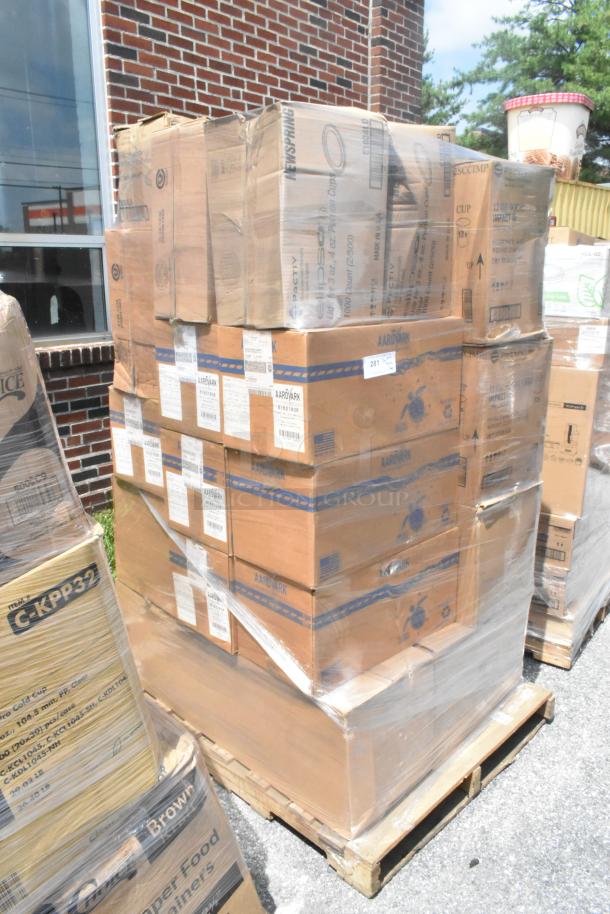 Pallet of brand new scratch and dent to-go containers and straws, multiple boxes with clear labels, wrapped in plastic.