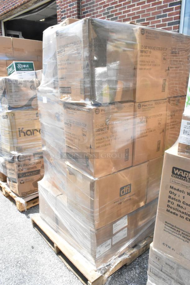 Stacked pallets of assorted scratch and dent items, including to-go containers and straws, wrapped in plastic. Some boxes labeled "Pactiv."